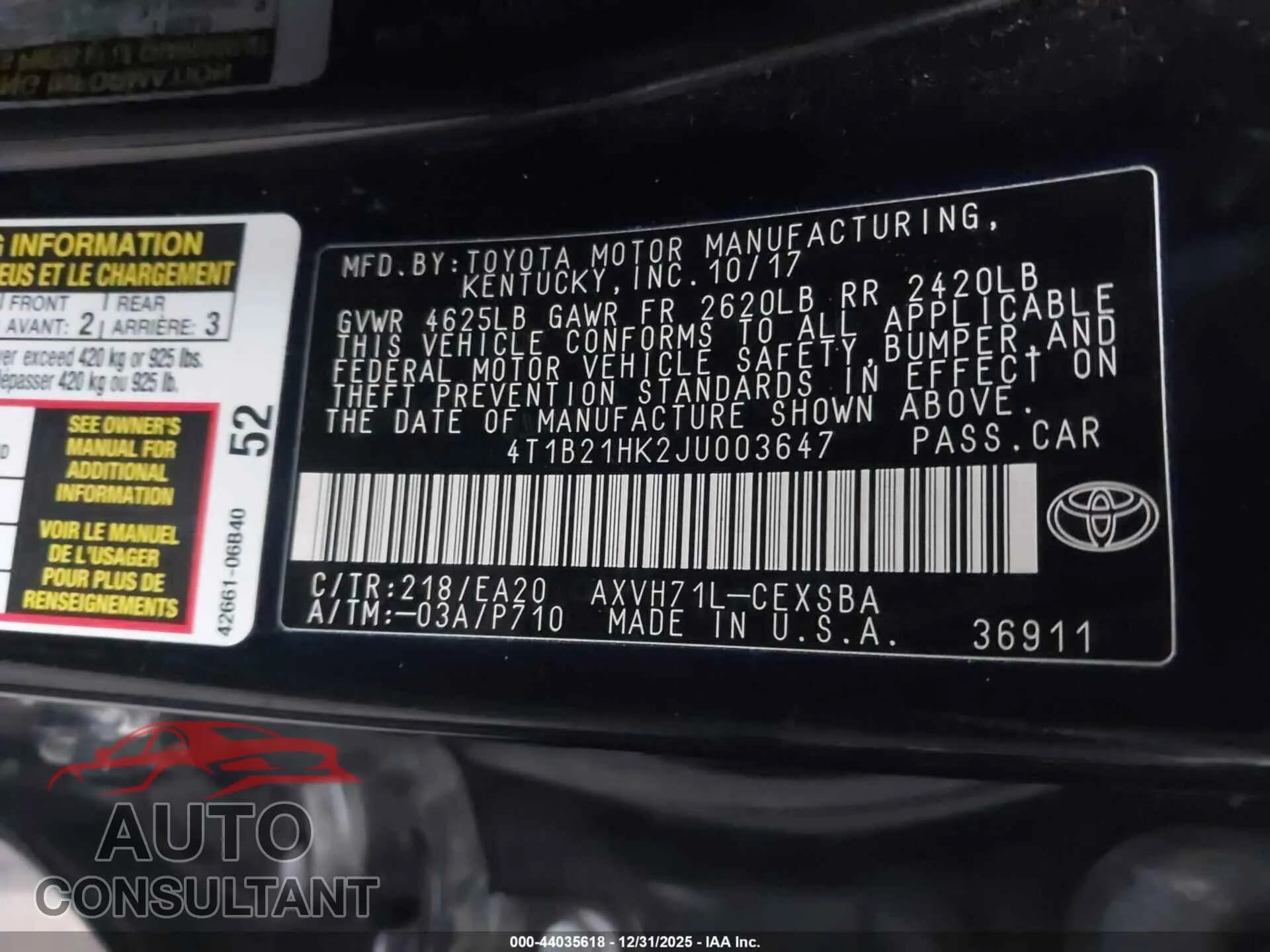 2018 TOYOTA CAMRY HYBRID Damaged VIN 4T1B21HK2JU003647 – trunk area 2018 TOYOTA CAMRY HYBRID Damaged VIN 4T1B21HK2JU003647 – trunk area