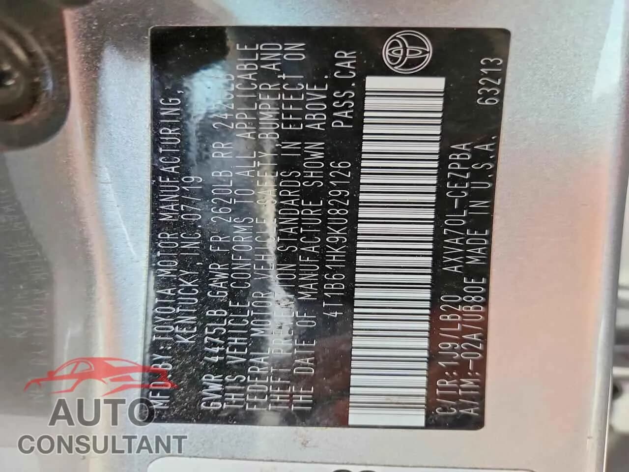 2019 TOYOTA CAMRY Damaged VIN 4T1B61HK9KU829126 – photo 12 2019 TOYOTA CAMRY Damaged VIN 4T1B61HK9KU829126 – photo 12