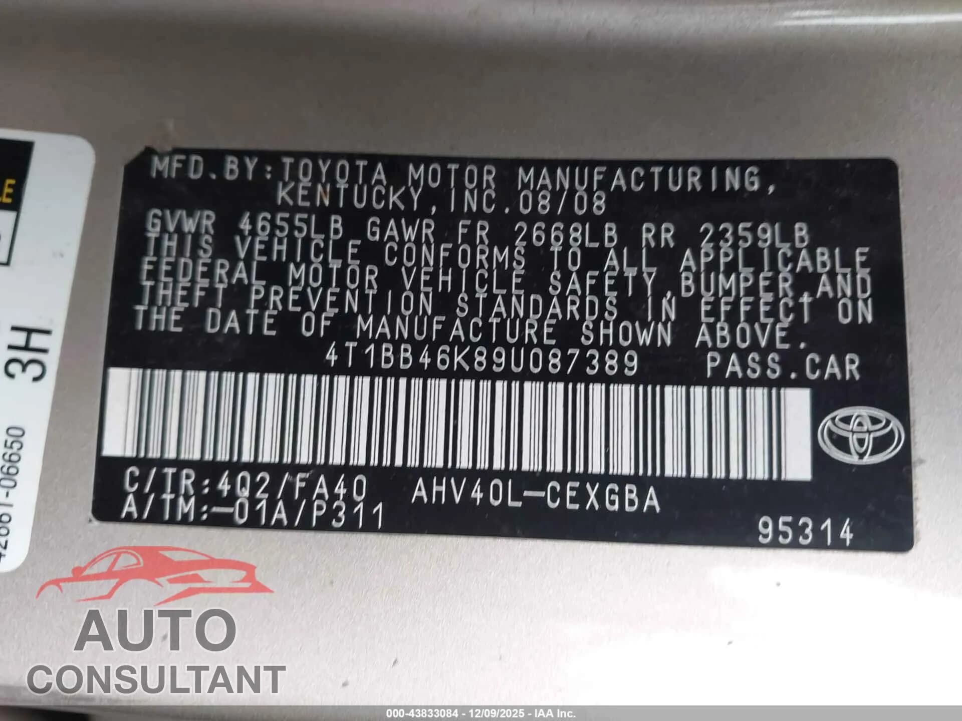 2009 TOYOTA CAMRY HYBRID Damaged VIN 4T1BB46K89U087389 – trunk area 2009 TOYOTA CAMRY HYBRID Damaged VIN 4T1BB46K89U087389 – trunk area