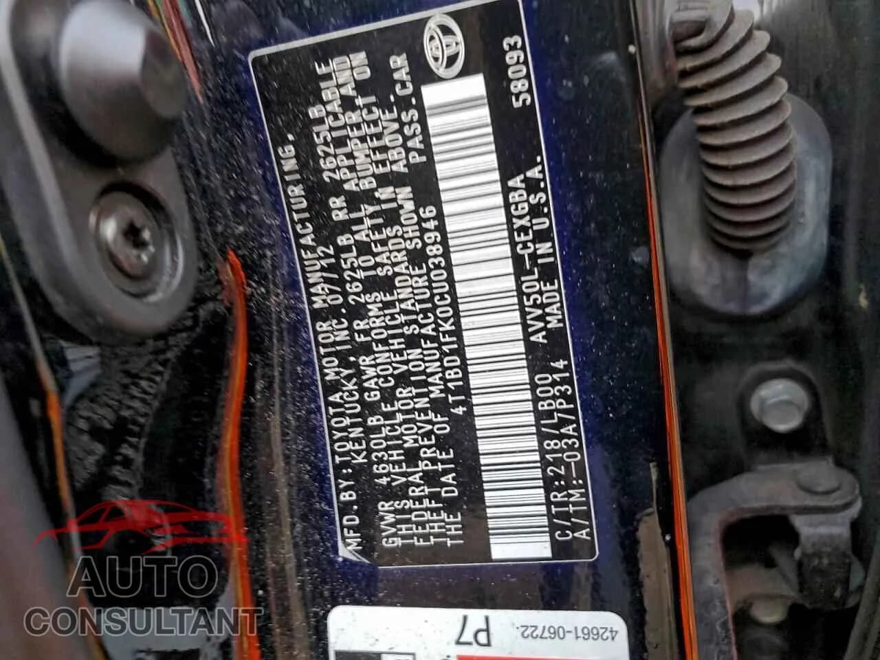 2012 TOYOTA CAMRY Damaged VIN 4T1BD1FK0CU038946 – photo 12 2012 TOYOTA CAMRY Damaged VIN 4T1BD1FK0CU038946 – photo 12