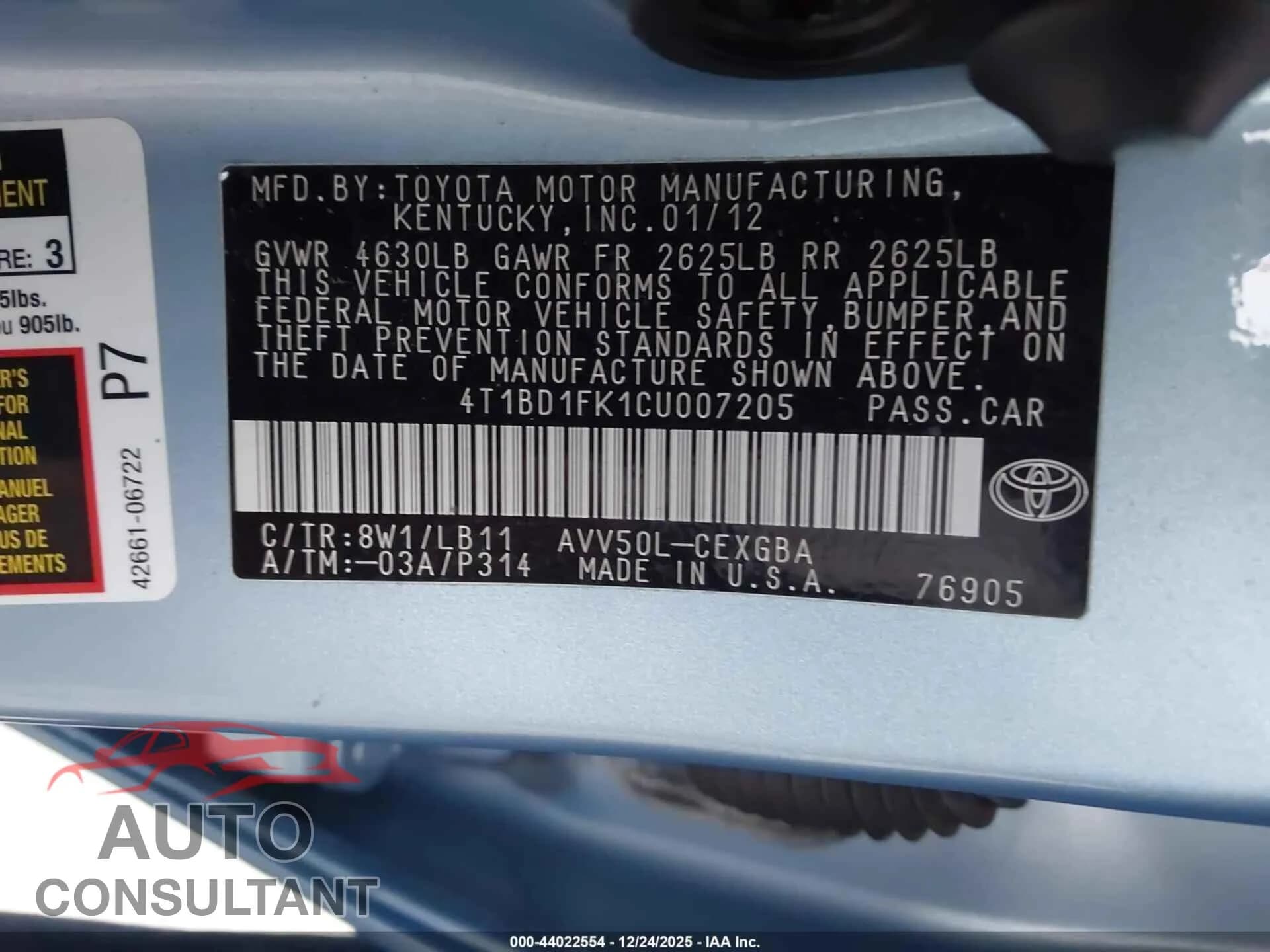 2012 TOYOTA CAMRY HYBRID Damaged VIN 4T1BD1FK1CU007205 – trunk area 2012 TOYOTA CAMRY HYBRID Damaged VIN 4T1BD1FK1CU007205 – trunk area