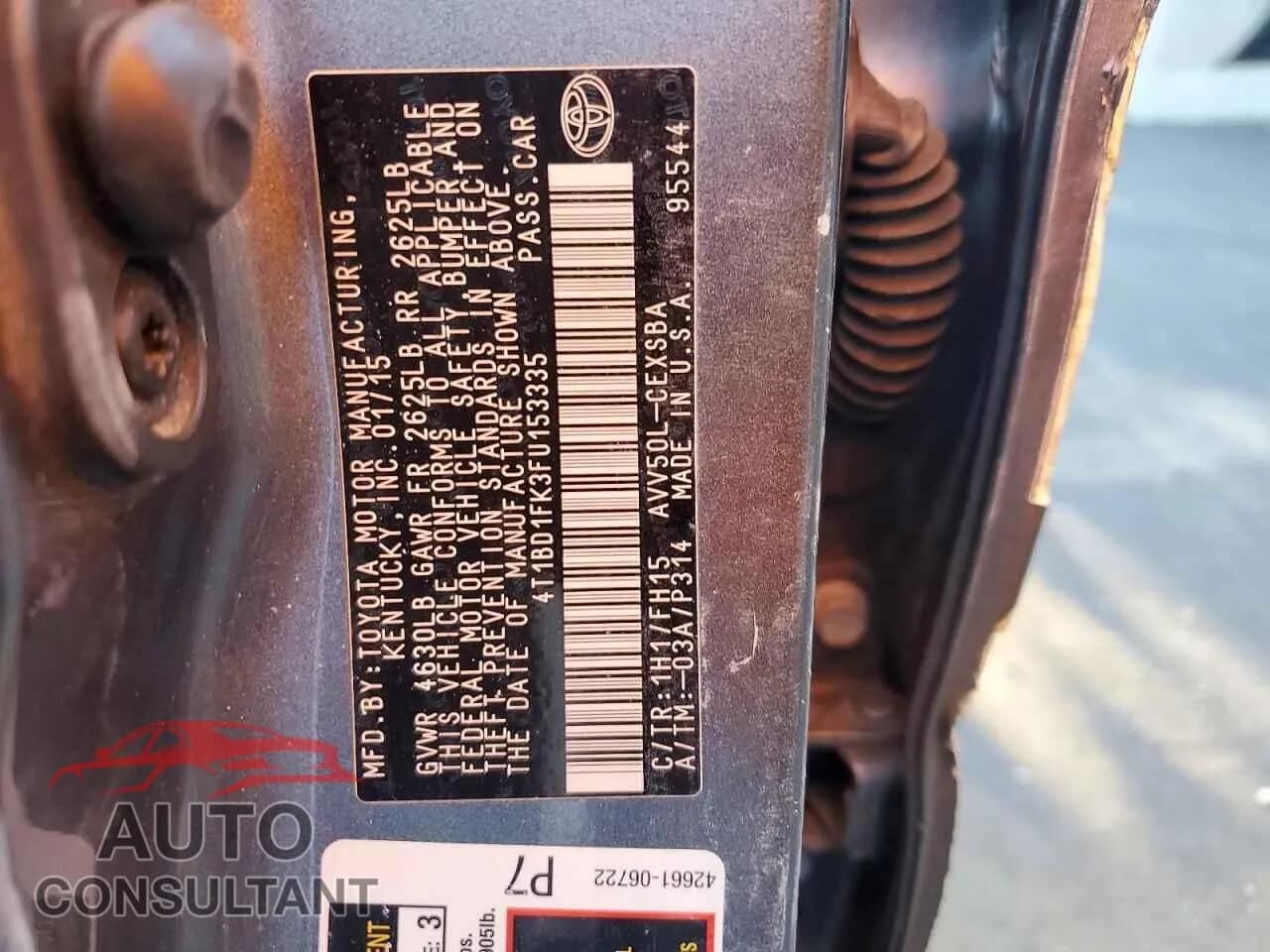 2015 TOYOTA CAMRY Damaged VIN 4T1BD1FK3FU153335 – photo 13 2015 TOYOTA CAMRY Damaged VIN 4T1BD1FK3FU153335 – photo 13