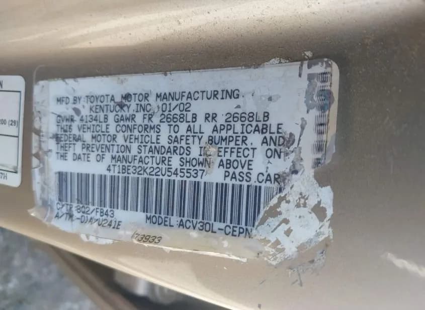 2002 TOYOTA Camry Used VIN 4T1BE32K22U545537 – odometer reading 2002 TOYOTA Camry Used VIN 4T1BE32K22U545537 – odometer reading