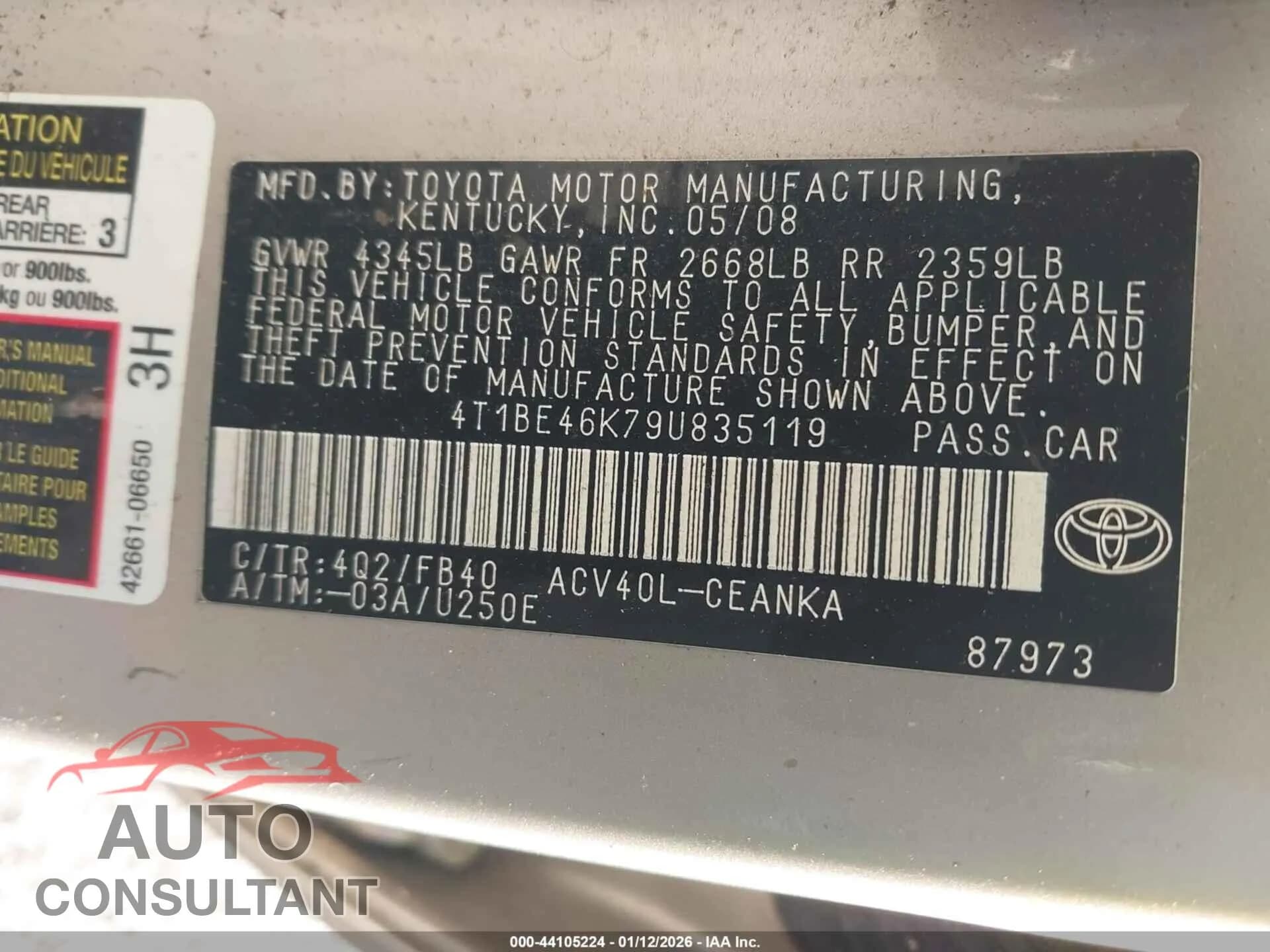 2009 TOYOTA CAMRY Damaged VIN 4T1BE46K79U835119 – trunk area 2009 TOYOTA CAMRY Damaged VIN 4T1BE46K79U835119 – trunk area