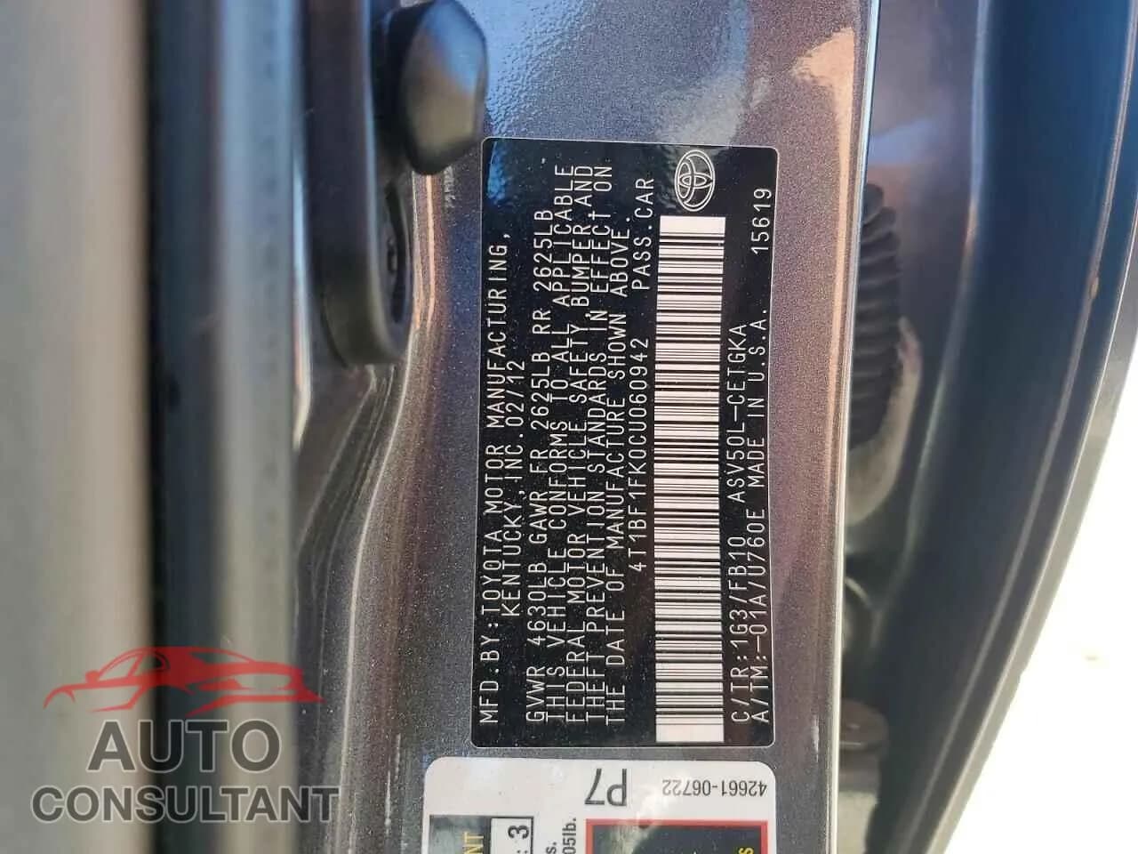 2012 TOYOTA CAMRY Damaged VIN 4T1BF1FK0CU060942 – photo 12 2012 TOYOTA CAMRY Damaged VIN 4T1BF1FK0CU060942 – photo 12