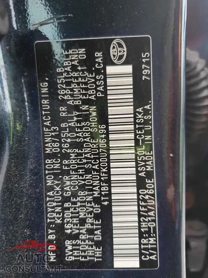 2013 TOYOTA CAMRY Damaged VIN 4T1BF1FK0DU706496 – photo 12 2013 TOYOTA CAMRY Damaged VIN 4T1BF1FK0DU706496 – photo 12