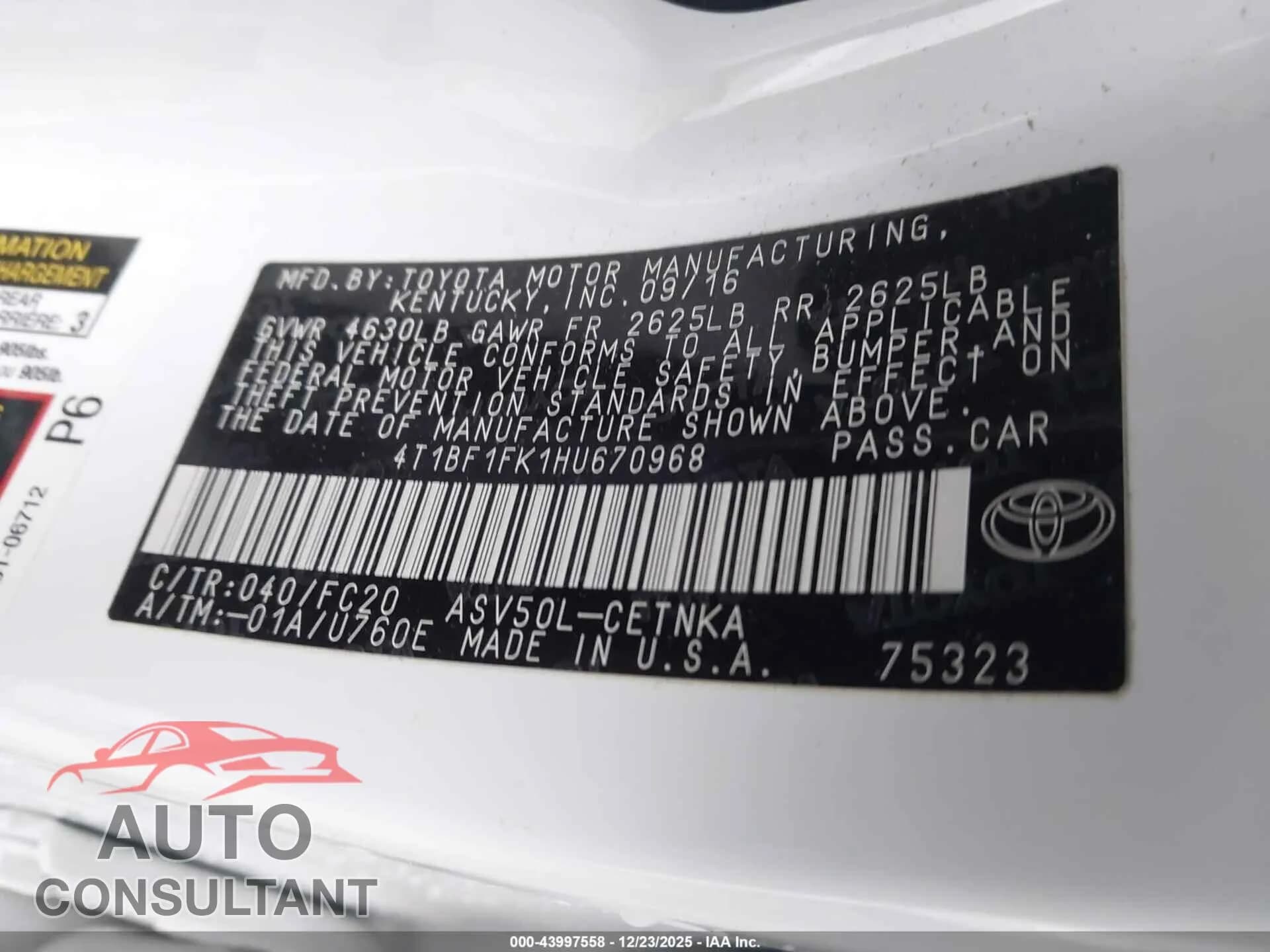 2017 TOYOTA CAMRY Damaged VIN 4T1BF1FK1HU670968 – trunk area 2017 TOYOTA CAMRY Damaged VIN 4T1BF1FK1HU670968 – trunk area