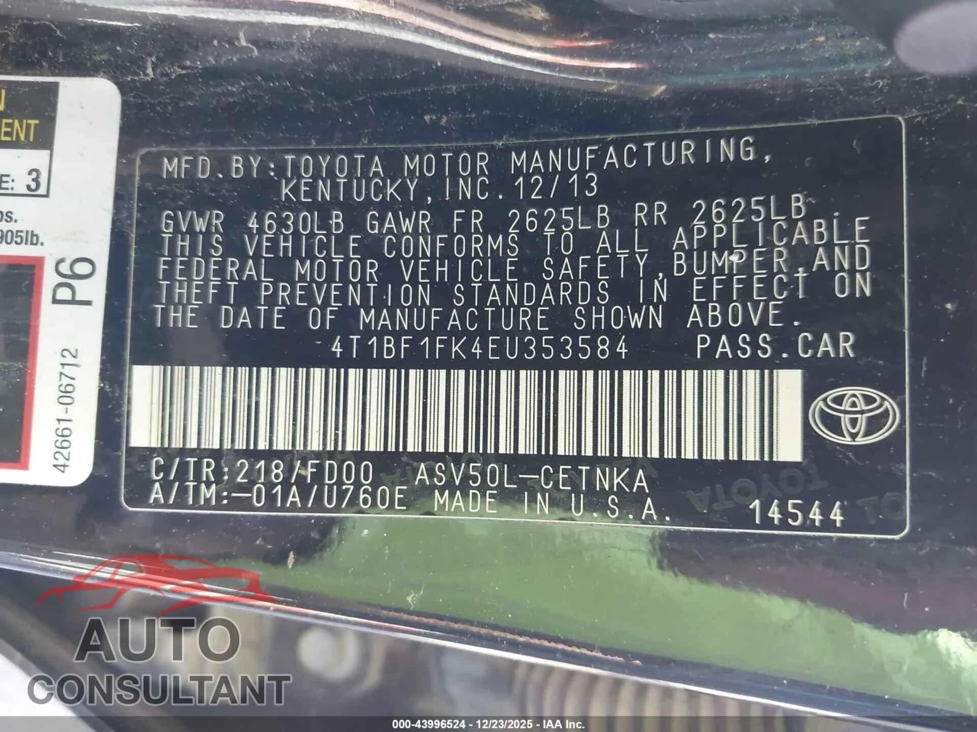 2014 TOYOTA CAMRY Damaged VIN 4T1BF1FK4EU353584 – trunk area 2014 TOYOTA CAMRY Damaged VIN 4T1BF1FK4EU353584 – trunk area