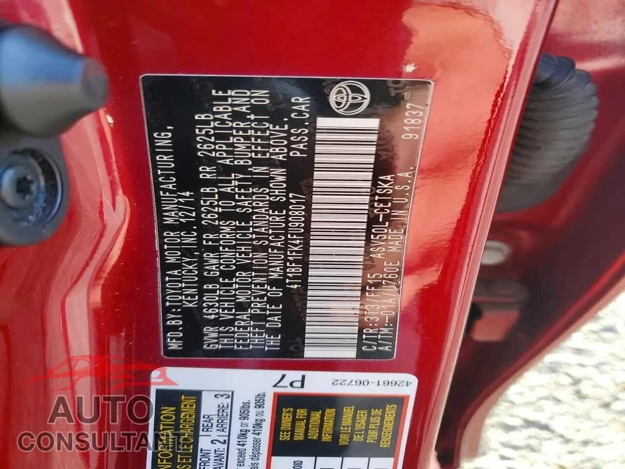 2015 TOYOTA CAMRY Damaged VIN 4T1BF1FK4FU908017 – photo 12 2015 TOYOTA CAMRY Damaged VIN 4T1BF1FK4FU908017 – photo 12