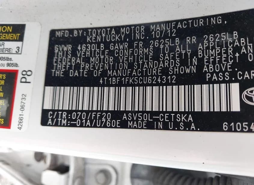 2012 TOYOTA Camry Used VIN 4T1BF1FK5CU624312 – dashboard 2012 TOYOTA Camry Used VIN 4T1BF1FK5CU624312 – dashboard