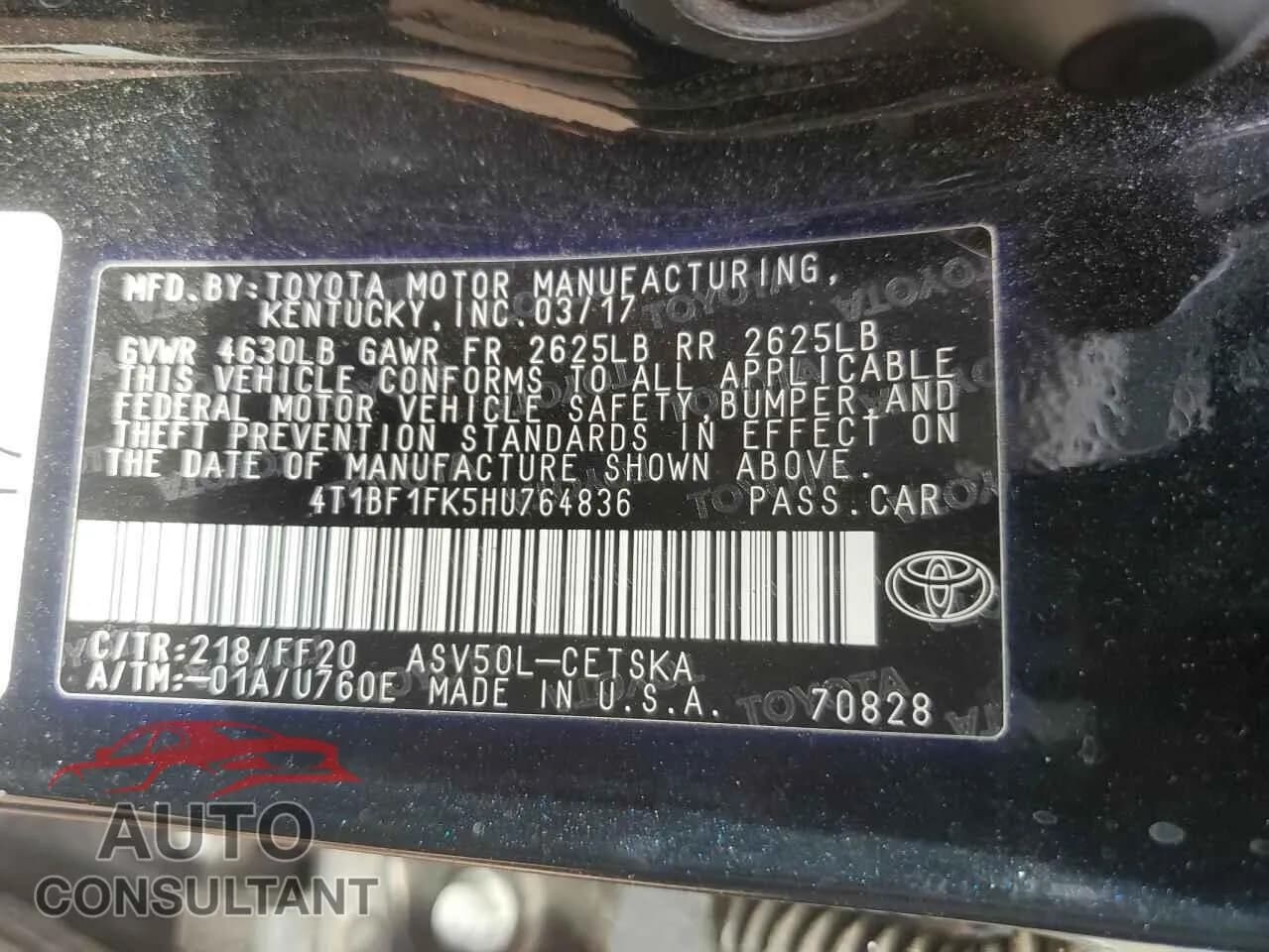 2017 TOYOTA CAMRY Damaged VIN 4T1BF1FK5HU764836 – photo 12 2017 TOYOTA CAMRY Damaged VIN 4T1BF1FK5HU764836 – photo 12