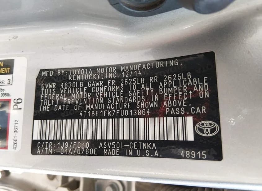 2015 TOYOTA Camry Used VIN 4T1BF1FK7FU013864 – trunk area 2015 TOYOTA Camry Used VIN 4T1BF1FK7FU013864 – trunk area