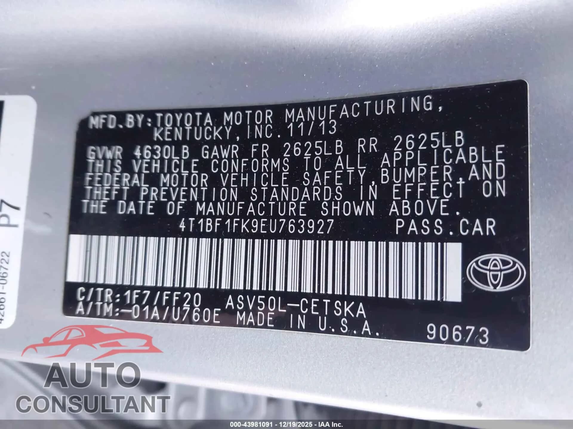 2014 TOYOTA CAMRY Damaged VIN 4T1BF1FK9EU763927 – trunk area 2014 TOYOTA CAMRY Damaged VIN 4T1BF1FK9EU763927 – trunk area