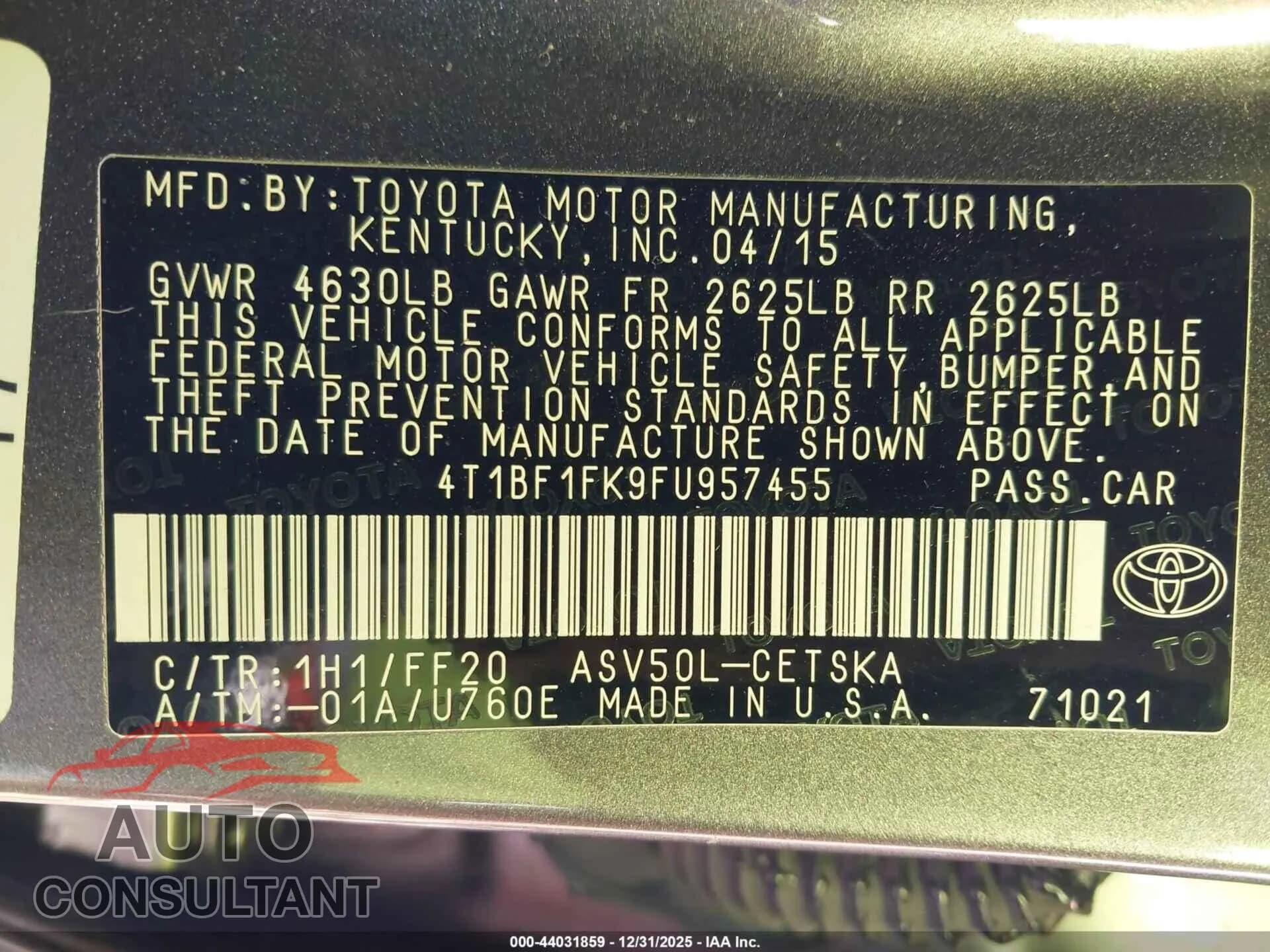 2015 TOYOTA CAMRY Damaged VIN 4T1BF1FK9FU957455 – trunk area 2015 TOYOTA CAMRY Damaged VIN 4T1BF1FK9FU957455 – trunk area