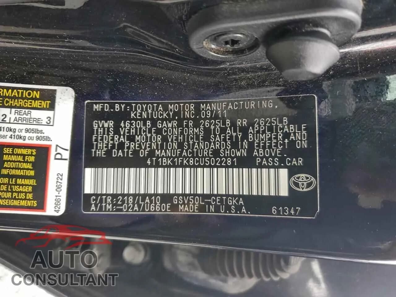 2012 TOYOTA CAMRY Damaged VIN 4T1BK1FK8CU502281 – photo 13 2012 TOYOTA CAMRY Damaged VIN 4T1BK1FK8CU502281 – photo 13