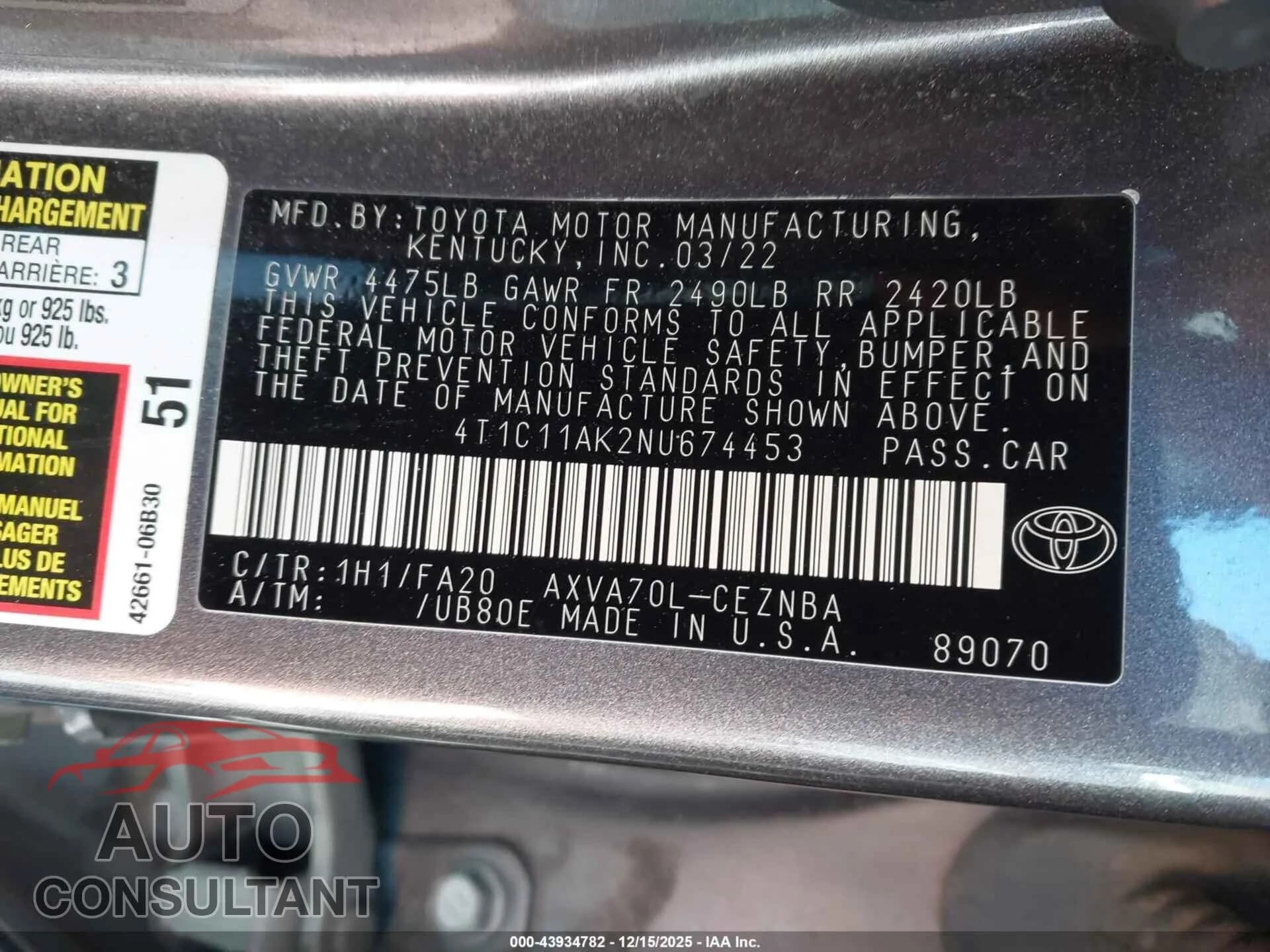 2022 TOYOTA CAMRY Damaged VIN 4T1C11AK2NU674453 – trunk area 2022 TOYOTA CAMRY Damaged VIN 4T1C11AK2NU674453 – trunk area