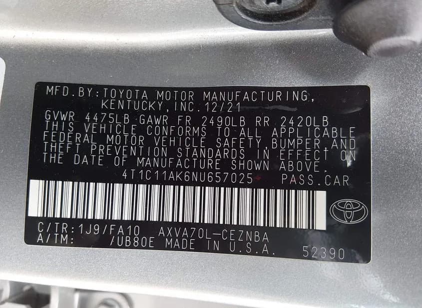 2022 TOYOTA Camry Used VIN 4T1C11AK6NU657025 – front exterior 2022 TOYOTA Camry Used VIN 4T1C11AK6NU657025 – front exterior