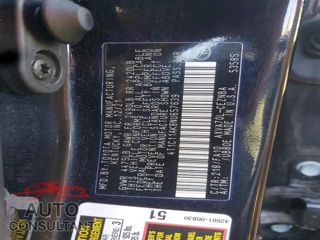 2022 TOYOTA CAMRY Damaged VIN 4T1C11AK8NU657639 – photo 12 2022 TOYOTA CAMRY Damaged VIN 4T1C11AK8NU657639 – photo 12