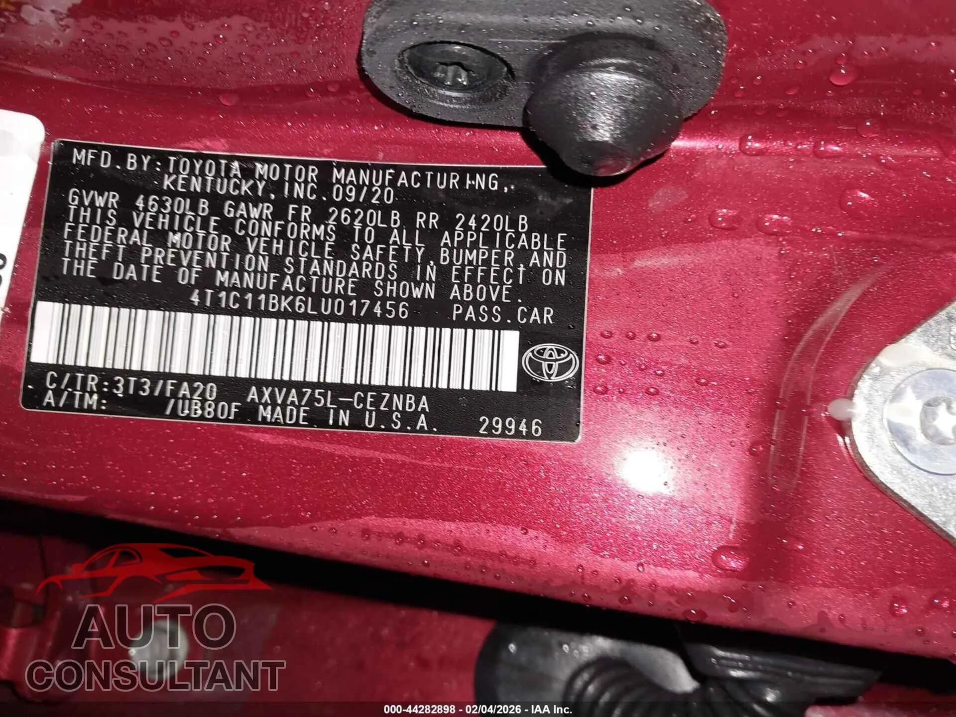 2020 TOYOTA CAMRY Used VIN 4T1C11BK6LU017456 – trunk area 2020 TOYOTA CAMRY Used VIN 4T1C11BK6LU017456 – trunk area