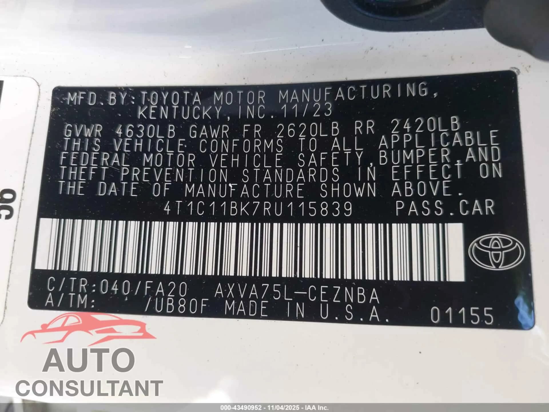 2024 TOYOTA CAMRY Damaged VIN 4T1C11BK7RU115839 – trunk area 2024 TOYOTA CAMRY Damaged VIN 4T1C11BK7RU115839 – trunk area