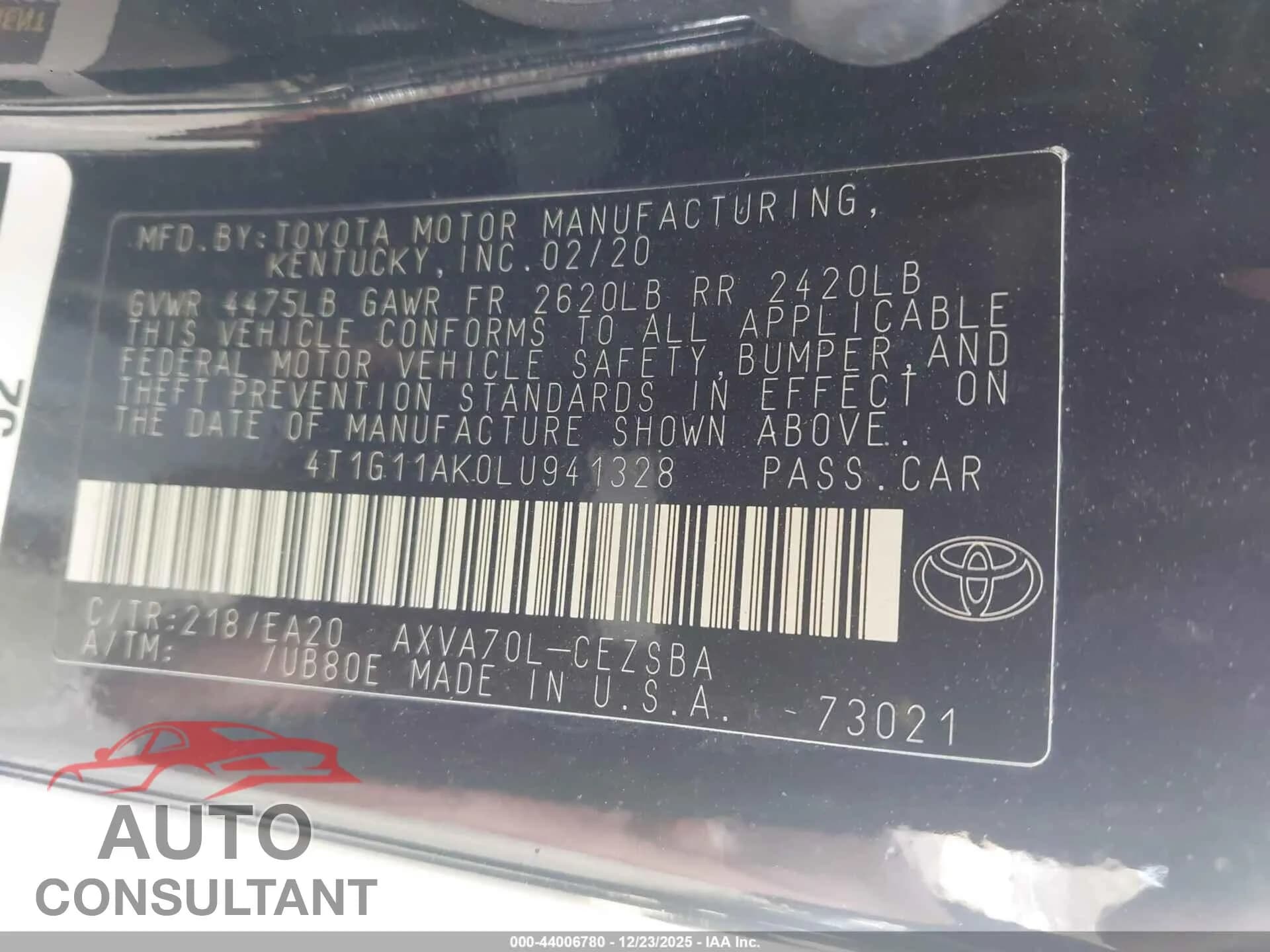 2020 TOYOTA CAMRY Damaged VIN 4T1G11AK0LU941328 – trunk area 2020 TOYOTA CAMRY Damaged VIN 4T1G11AK0LU941328 – trunk area