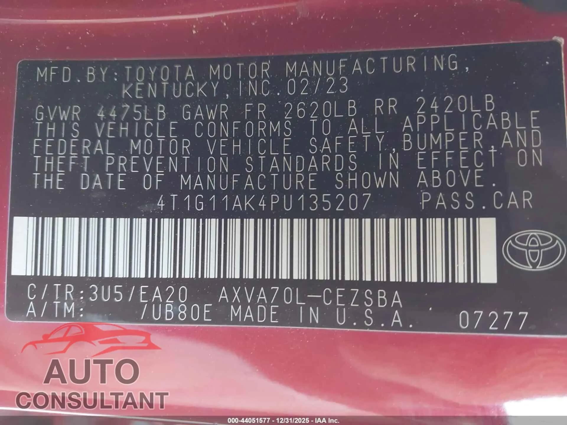 2023 TOYOTA CAMRY Damaged VIN 4T1G11AK4PU135207 – trunk area 2023 TOYOTA CAMRY Damaged VIN 4T1G11AK4PU135207 – trunk area