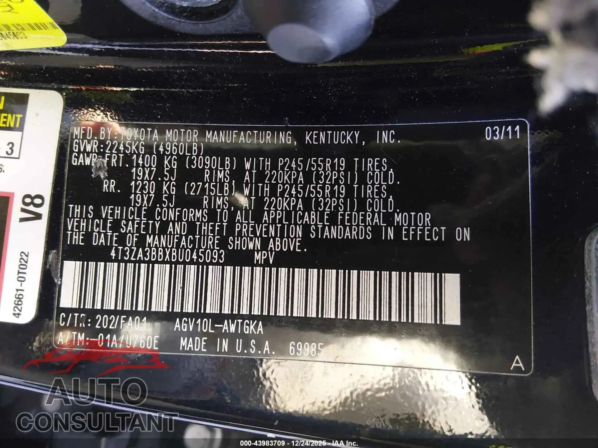 2011 TOYOTA VENZA Damaged VIN 4T3ZA3BBXBU045093 – trunk area 2011 TOYOTA VENZA Damaged VIN 4T3ZA3BBXBU045093 – trunk area