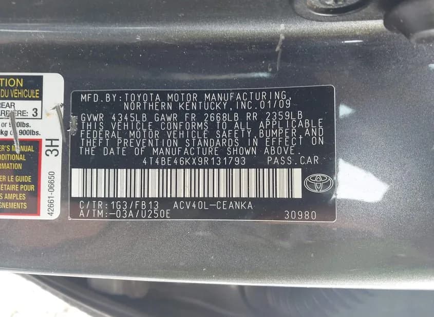 2009 TOYOTA Camry Used VIN 4T4BE46KX9R131793 – side profile 2009 TOYOTA Camry Used VIN 4T4BE46KX9R131793 – side profile