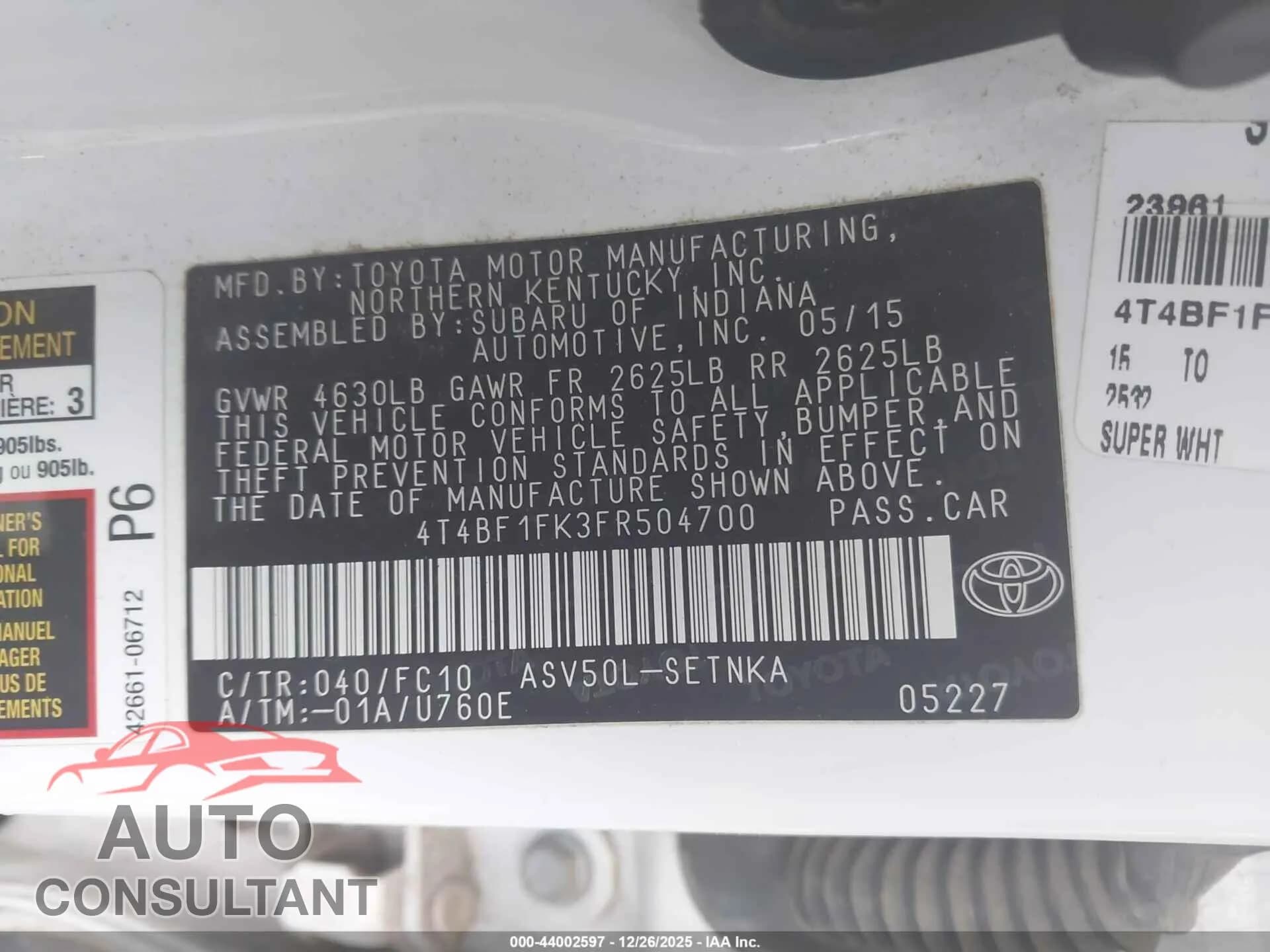 2015 TOYOTA CAMRY Damaged VIN 4T4BF1FK3FR504700 – trunk area 2015 TOYOTA CAMRY Damaged VIN 4T4BF1FK3FR504700 – trunk area