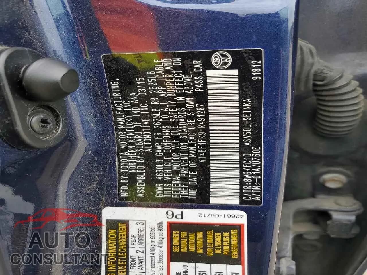 2015 TOYOTA CAMRY Damaged VIN 4T4BF1FK9FR491287 – photo 12 2015 TOYOTA CAMRY Damaged VIN 4T4BF1FK9FR491287 – photo 12