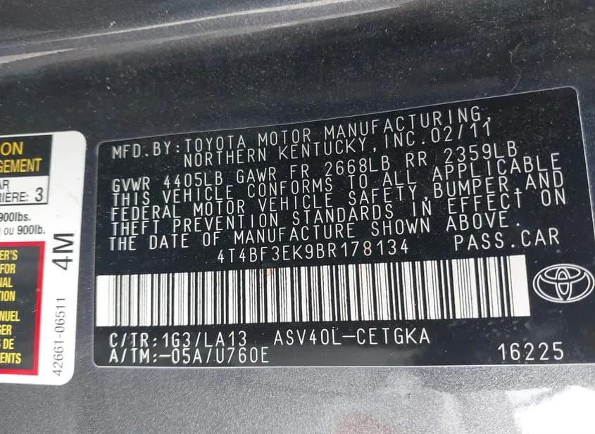 2011 TOYOTA Camry Used VIN 4T4BF3EK9BR178134 – engine bay 2011 TOYOTA Camry Used VIN 4T4BF3EK9BR178134 – engine bay