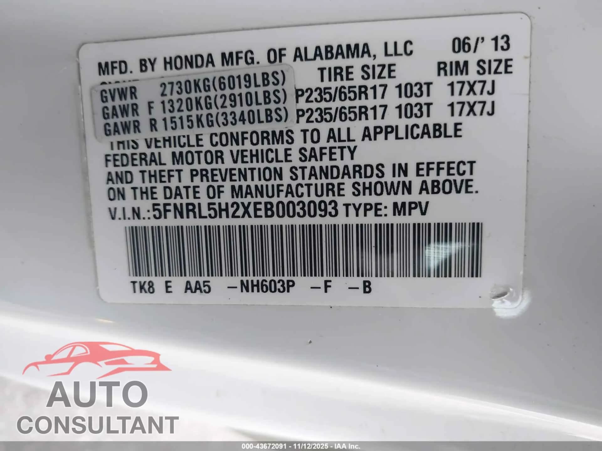 2014 HONDA ODYSSEY Damaged VIN 5FNRL5H2XEB003093 – trunk area 2014 HONDA ODYSSEY Damaged VIN 5FNRL5H2XEB003093 – trunk area