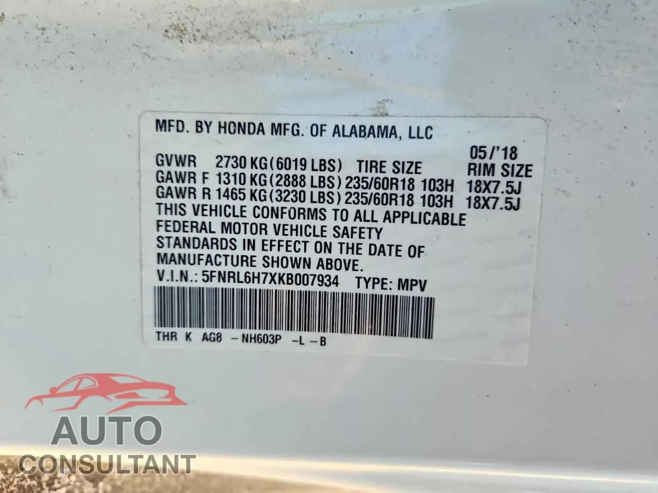 2019 HONDA All Models Damaged VIN 5FNRL6H7XKB007934 – photo 13 2019 HONDA All Models Damaged VIN 5FNRL6H7XKB007934 – photo 13