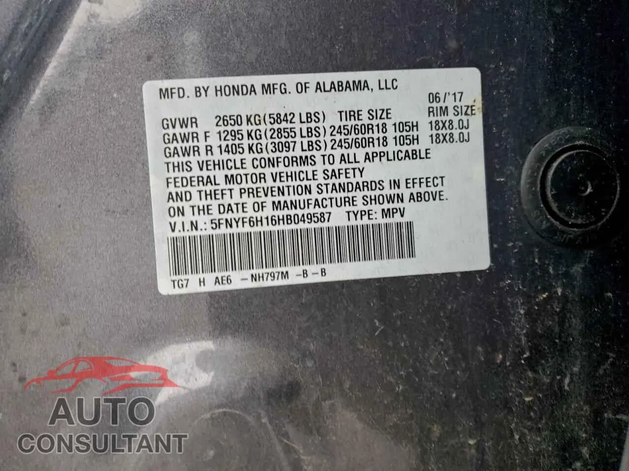 2017 HONDA PILOT Damaged VIN 5FNYF6H16HB049587 – photo 13 2017 HONDA PILOT Damaged VIN 5FNYF6H16HB049587 – photo 13