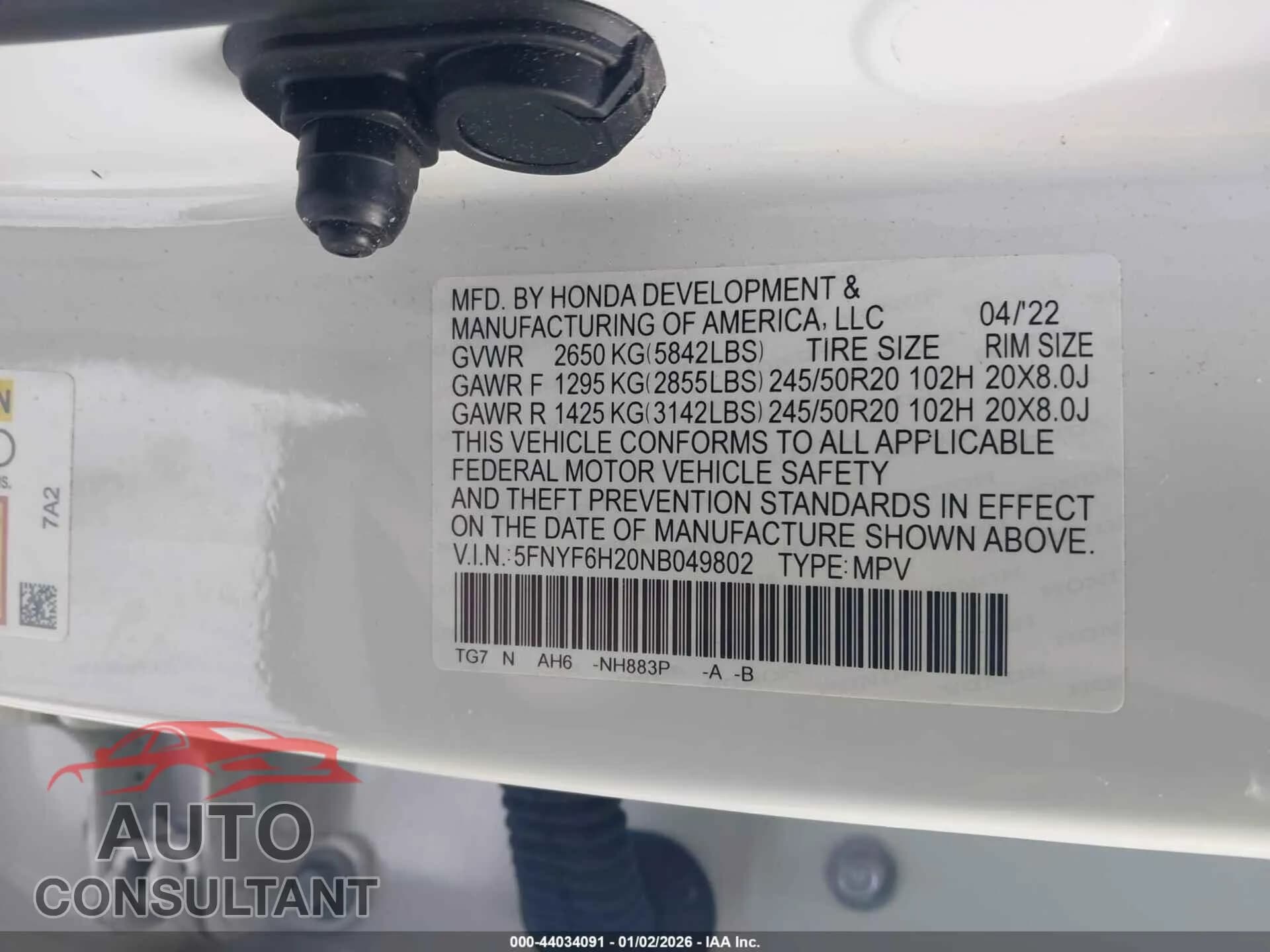 2022 HONDA PILOT Damaged VIN 5FNYF6H20NB049802 – trunk area 2022 HONDA PILOT Damaged VIN 5FNYF6H20NB049802 – trunk area