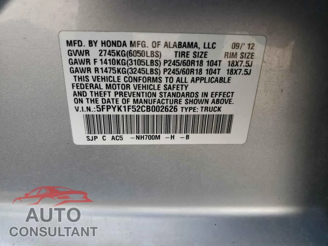 2012 HONDA RIDGELINE Damaged VIN 5FPYK1F52CB002626 – photo 12 2012 HONDA RIDGELINE Damaged VIN 5FPYK1F52CB002626 – photo 12