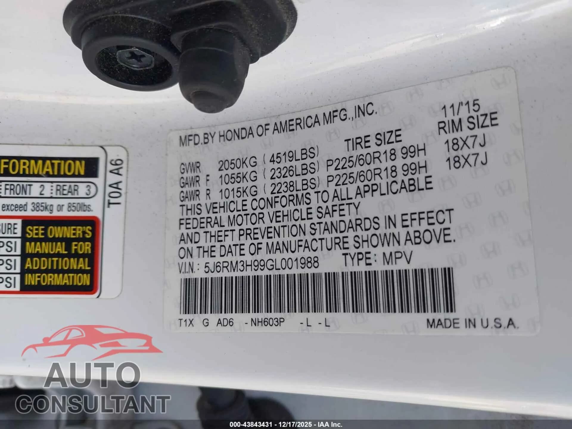 2016 HONDA CR-V Damaged VIN 5J6RM3H99GL001988 – trunk area 2016 HONDA CR-V Damaged VIN 5J6RM3H99GL001988 – trunk area