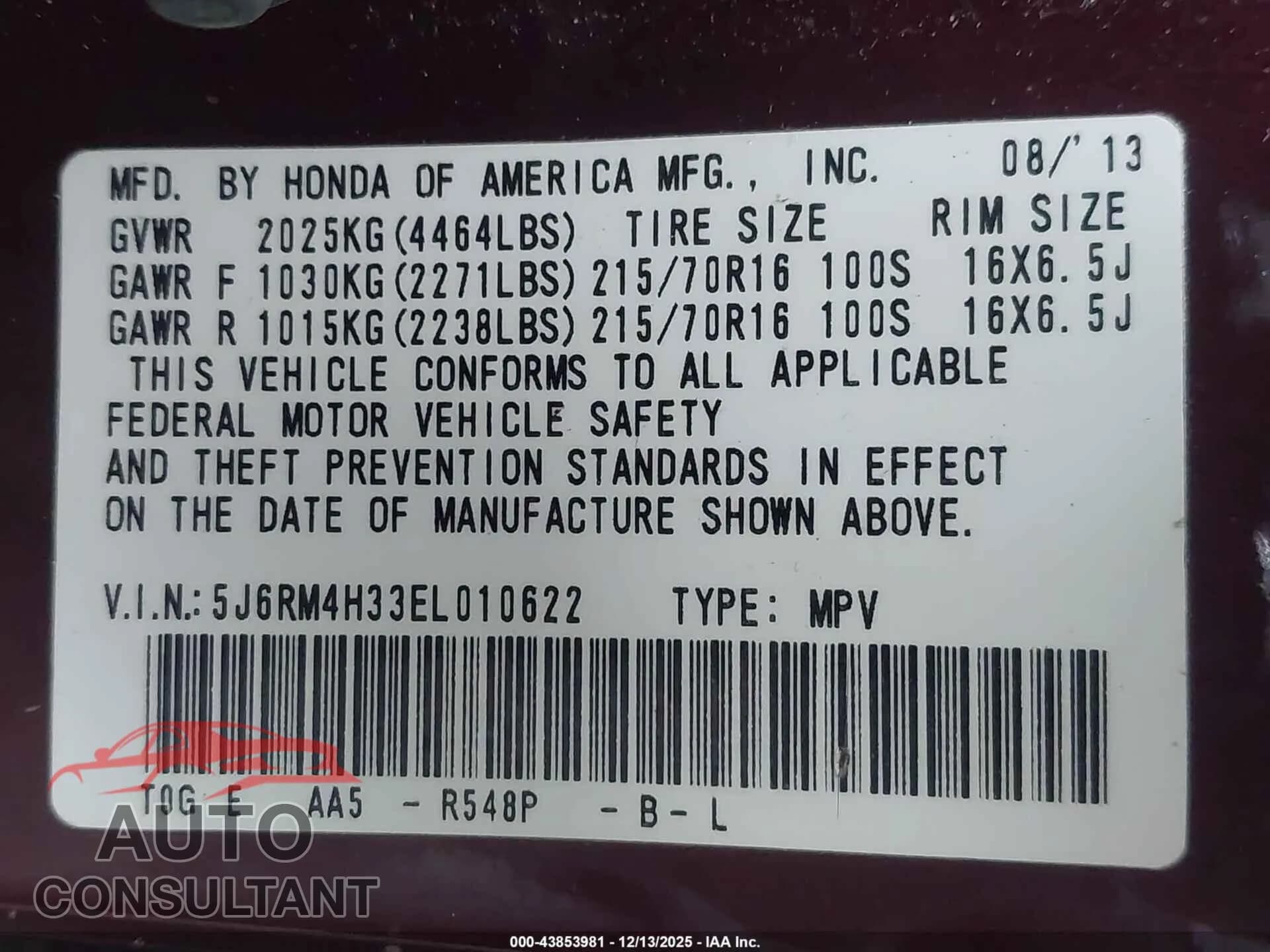 2014 HONDA CR-V Damaged VIN 5J6RM4H33EL010622 – trunk area 2014 HONDA CR-V Damaged VIN 5J6RM4H33EL010622 – trunk area