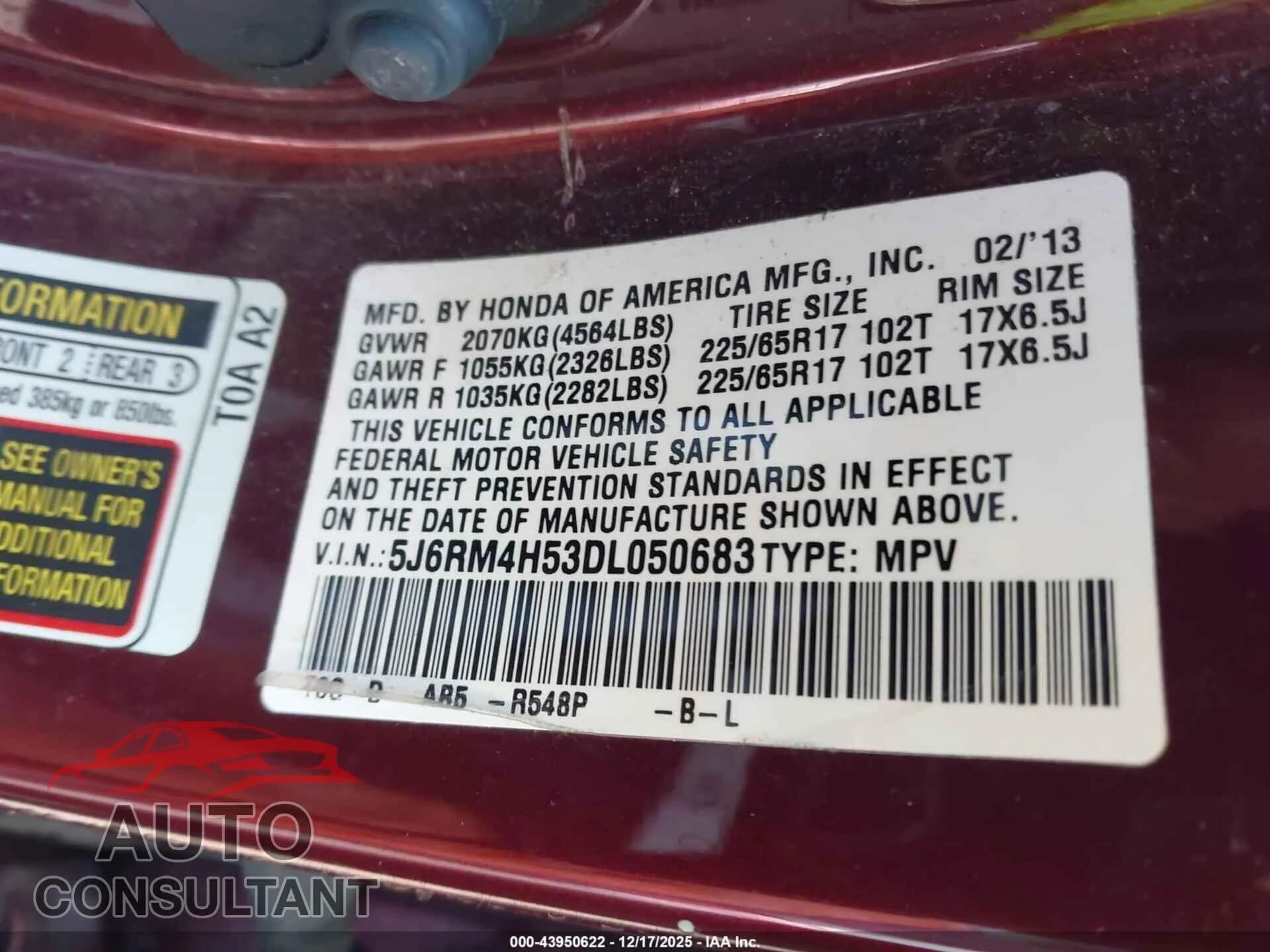 2013 HONDA CR-V Damaged VIN 5J6RM4H53DL050683 – trunk area 2013 HONDA CR-V Damaged VIN 5J6RM4H53DL050683 – trunk area