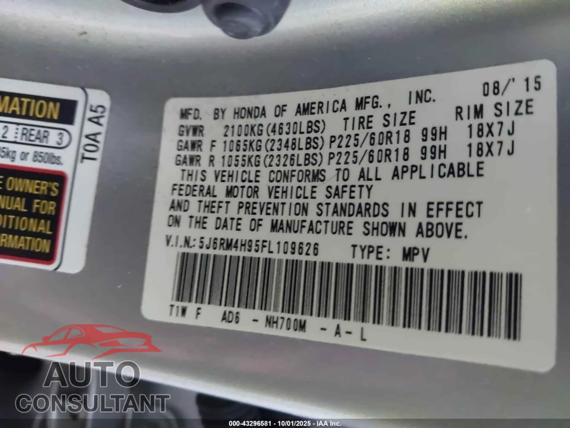 2015 HONDA CR-V Damaged VIN 5J6RM4H95FL109626 – trunk area 2015 HONDA CR-V Damaged VIN 5J6RM4H95FL109626 – trunk area