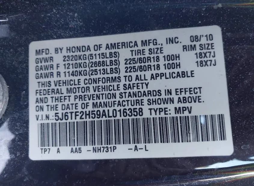 2010 HONDA Accord Crosstour Used VIN 5J6TF2H59AL016358 – exterior detail 2010 HONDA Accord Crosstour Used VIN 5J6TF2H59AL016358 – exterior detail