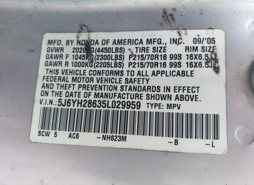 2005 HONDA Element Used VIN 5J6YH28635L029959 – dashboard 2005 HONDA Element Used VIN 5J6YH28635L029959 – dashboard