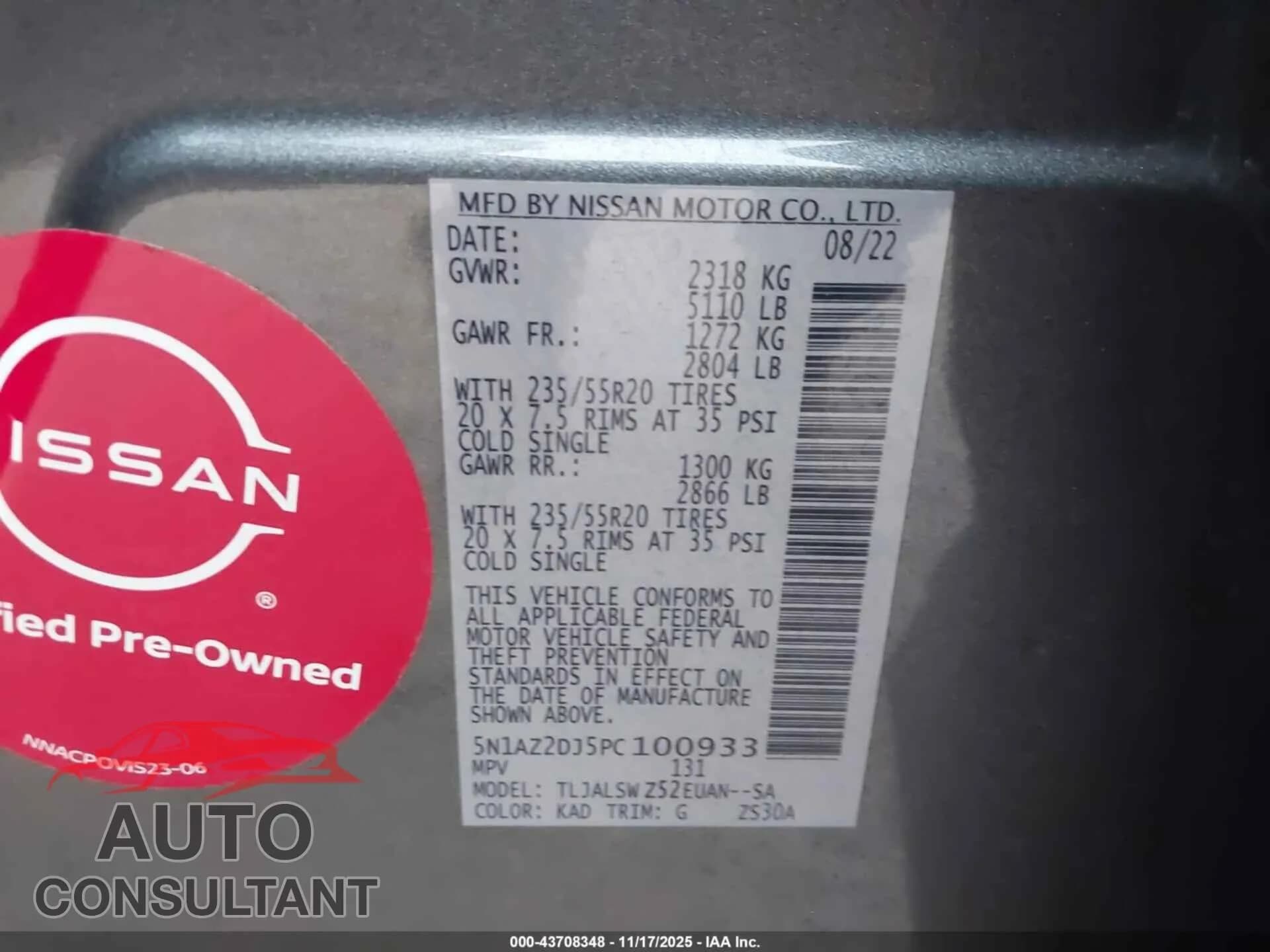 2023 NISSAN MURANO Damaged VIN 5N1AZ2DJ5PC100933 – trunk area 2023 NISSAN MURANO Damaged VIN 5N1AZ2DJ5PC100933 – trunk area