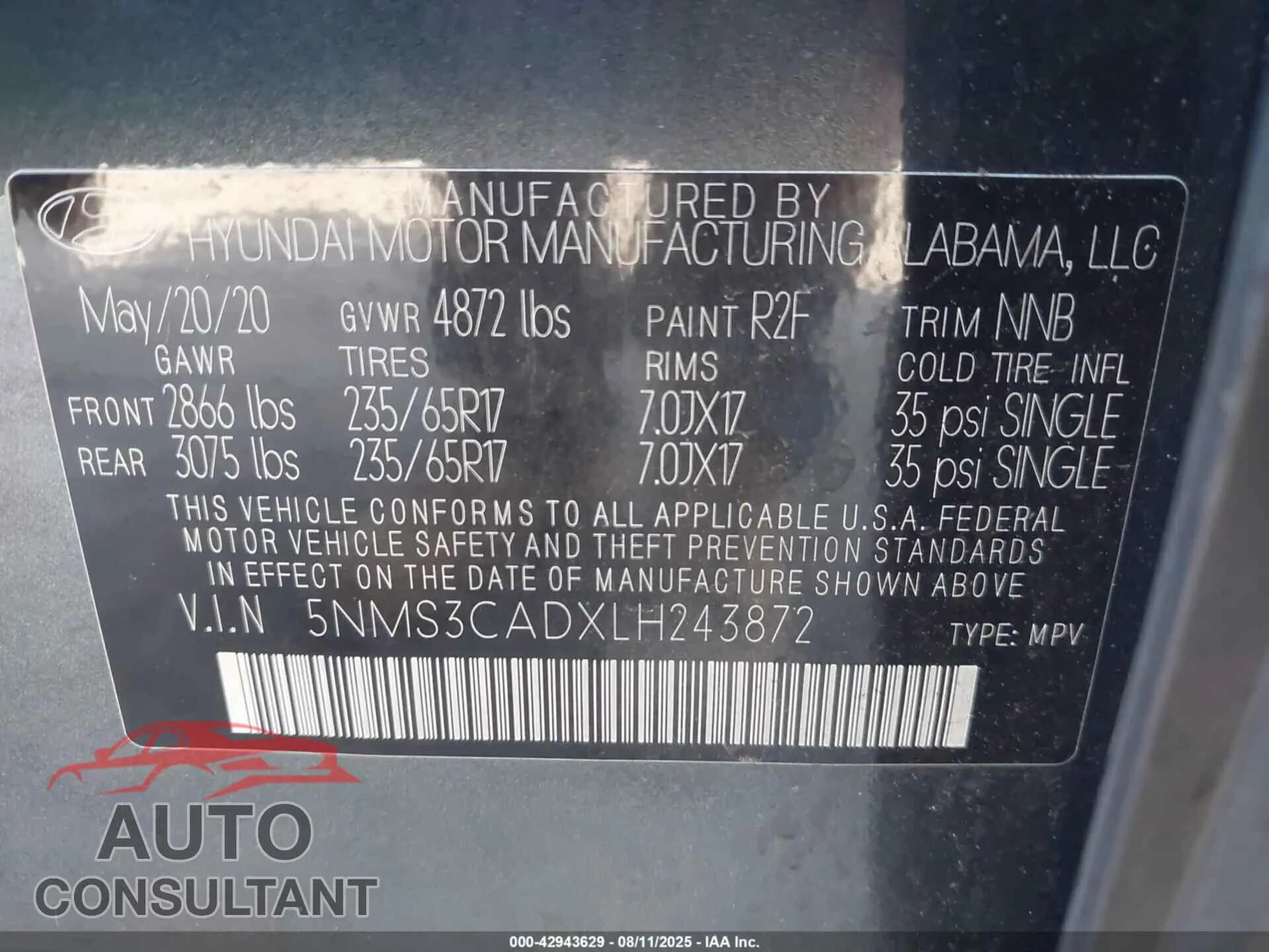 2020 HYUNDAI SANTA FE Damaged VIN 5NMS3CADXLH243872 – trunk area 2020 HYUNDAI SANTA FE Damaged VIN 5NMS3CADXLH243872 – trunk area