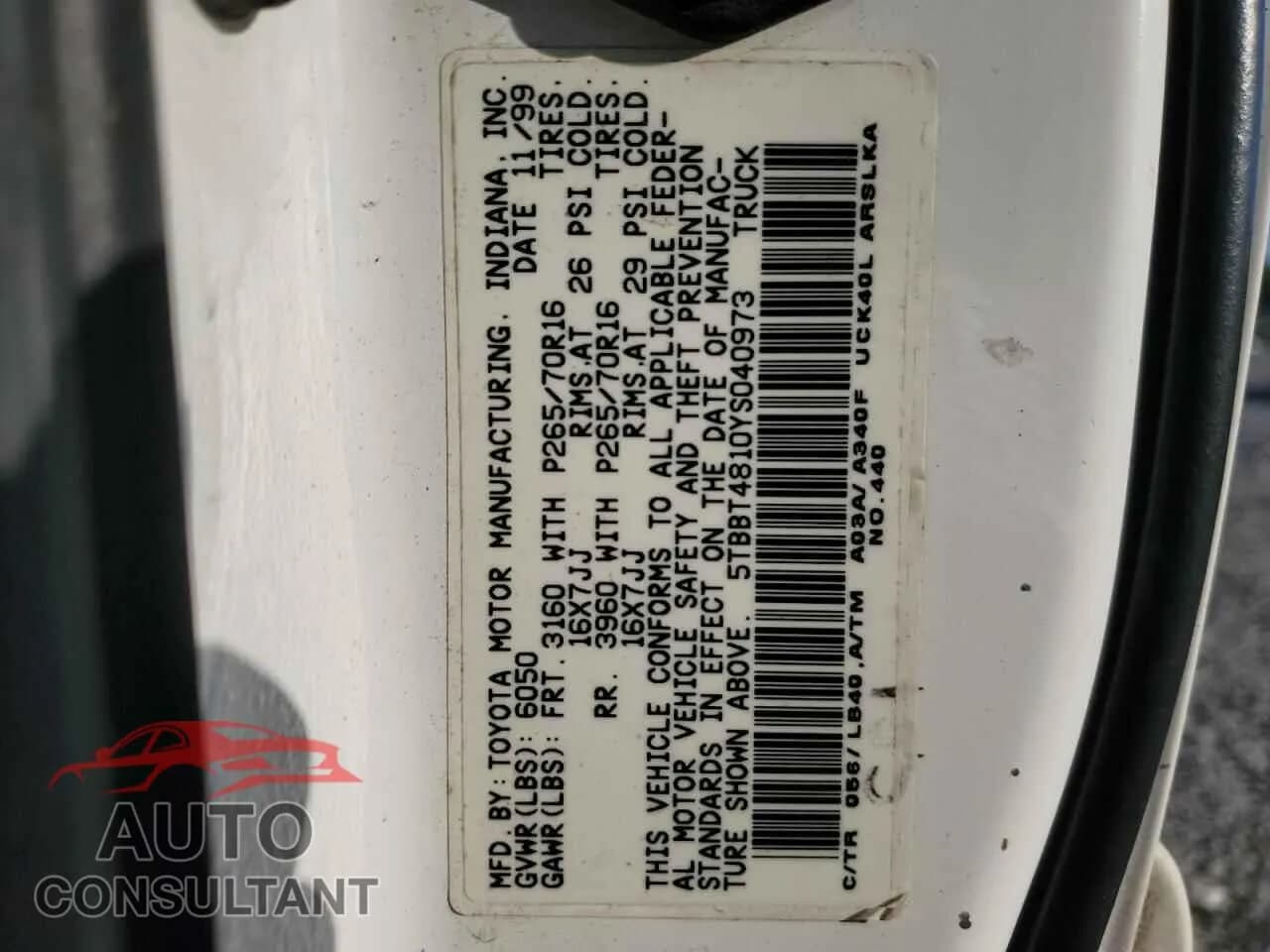 2000 TOYOTA TUNDRA Damaged VIN 5TBBT4810YS040973 – photo 12 2000 TOYOTA TUNDRA Damaged VIN 5TBBT4810YS040973 – photo 12