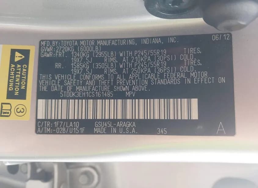 2012 TOYOTA Highlander Used VIN 5TDDK3EH1CS161485 – side profile 2012 TOYOTA Highlander Used VIN 5TDDK3EH1CS161485 – side profile