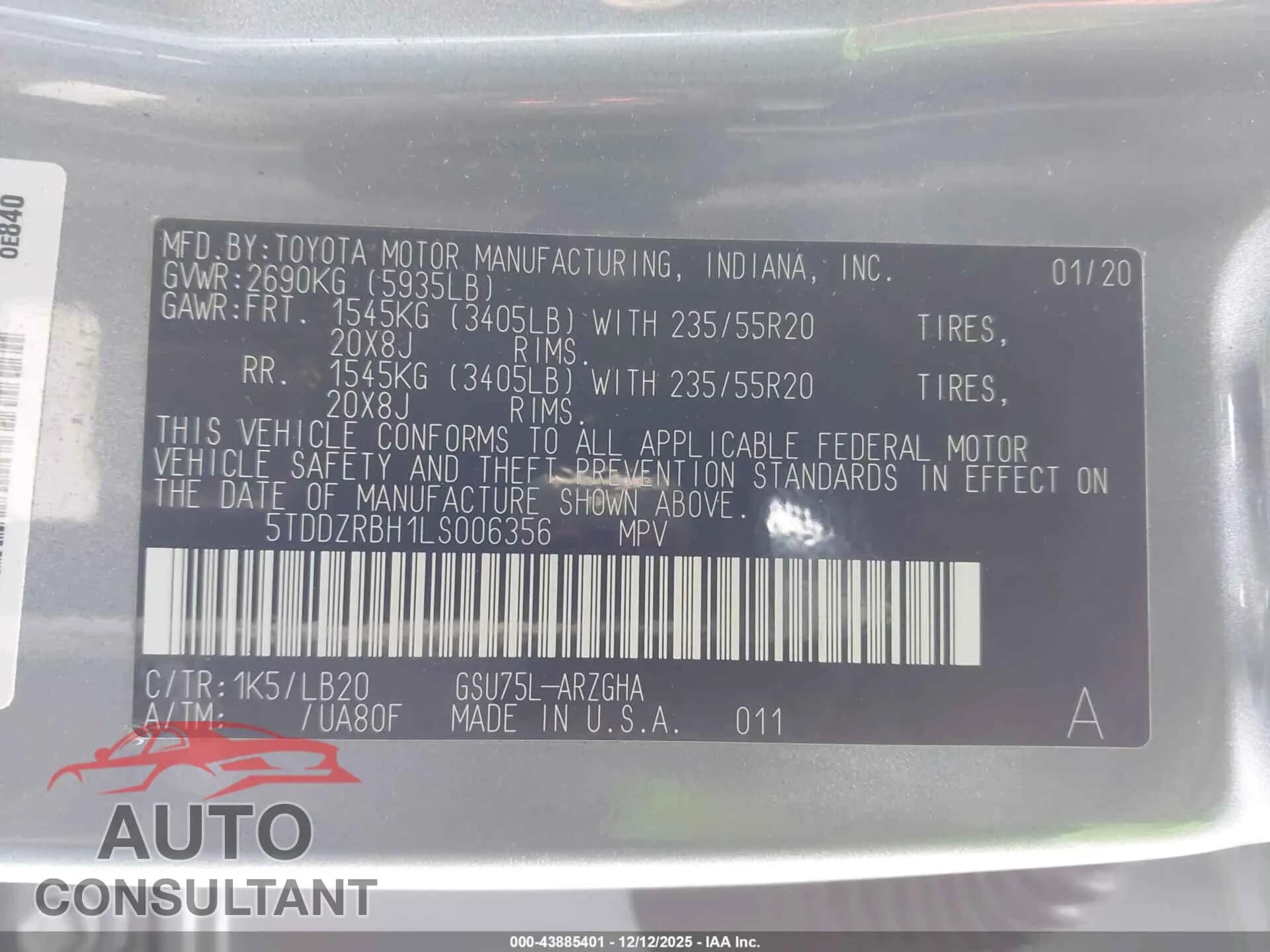 2020 TOYOTA HIGHLANDER Damaged VIN 5TDDZRBH1LS006356 – trunk area 2020 TOYOTA HIGHLANDER Damaged VIN 5TDDZRBH1LS006356 – trunk area