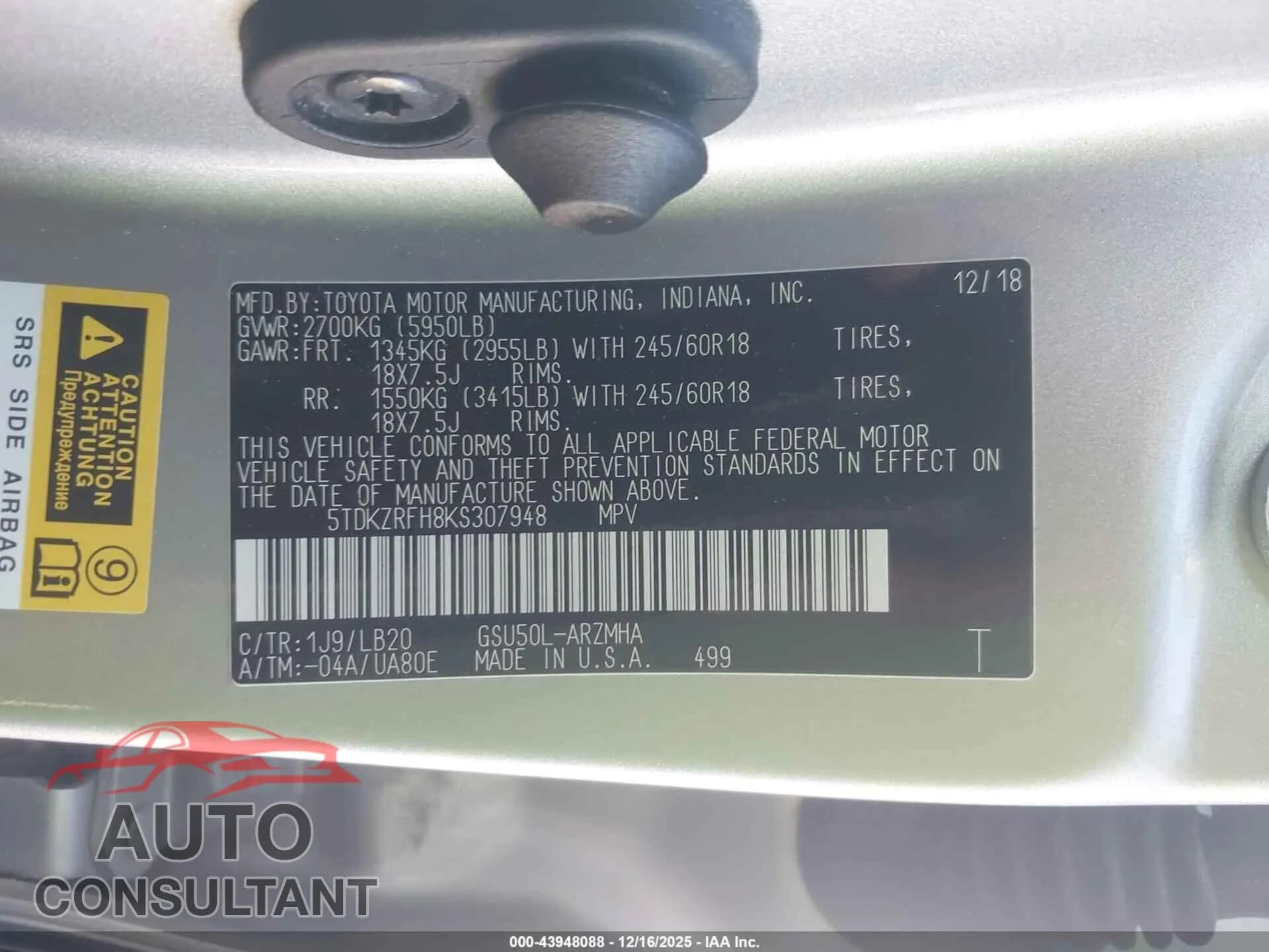 2019 TOYOTA HIGHLANDER Damaged VIN 5TDKZRFH8KS307948 – trunk area 2019 TOYOTA HIGHLANDER Damaged VIN 5TDKZRFH8KS307948 – trunk area