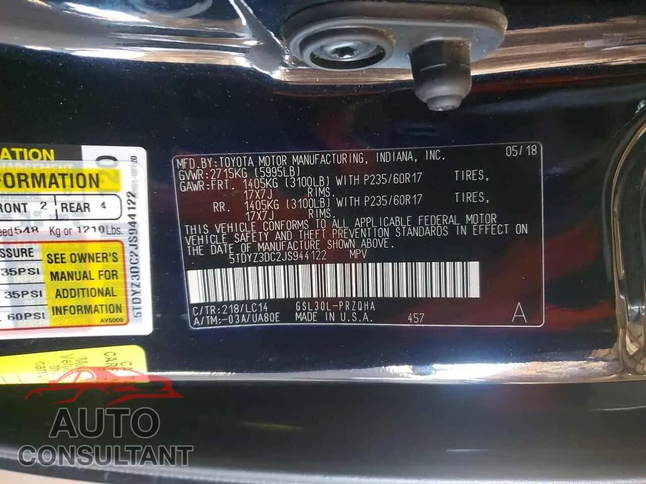2018 TOYOTA All Models Damaged VIN 5TDYZ3DC2JS944122 – photo 13 2018 TOYOTA All Models Damaged VIN 5TDYZ3DC2JS944122 – photo 13