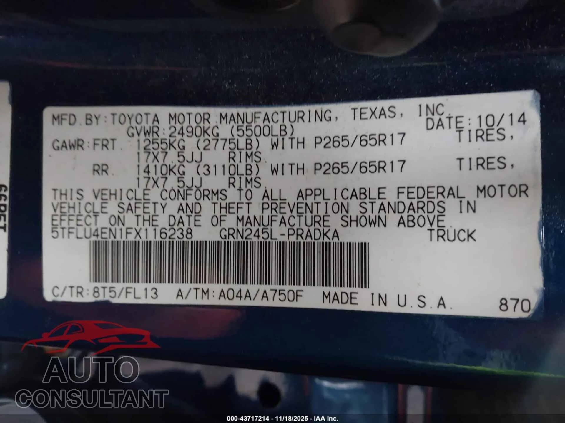 2015 TOYOTA TACOMA Damaged VIN 5TFLU4EN1FX116238 – trunk area 2015 TOYOTA TACOMA Damaged VIN 5TFLU4EN1FX116238 – trunk area